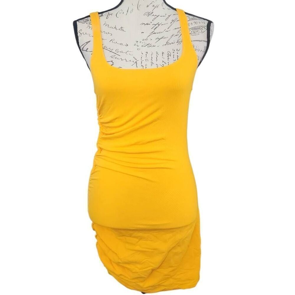 Monrow Women's Size Small Vivid Yellow Ruched Side Ribbed Bodycon Tank Dress